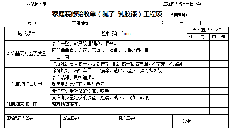 家庭裝修驗收流程和標(biāo)準(zhǔn)—家庭裝修驗收單(膩子 乳膠漆)工程項